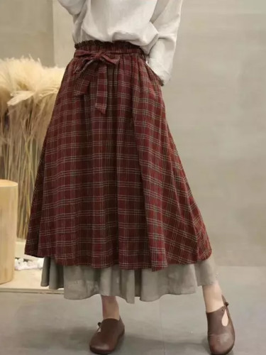 Vintage plaid Elastic waist A-Line bow belt skirt