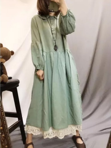 Lacing Stitch Dress Collar Vintage Cotton Lantern Sleeve Dress