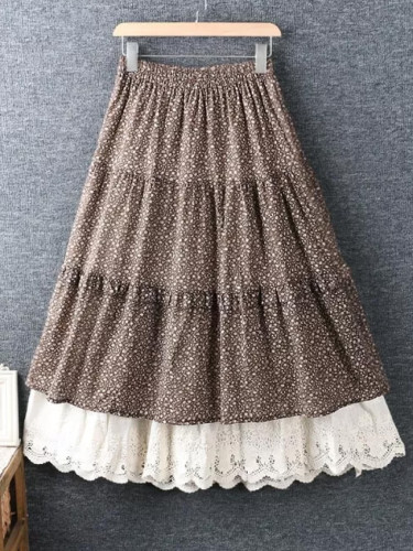 Autumn vintage print skirt romantic mori girl lacing lace layers skirt