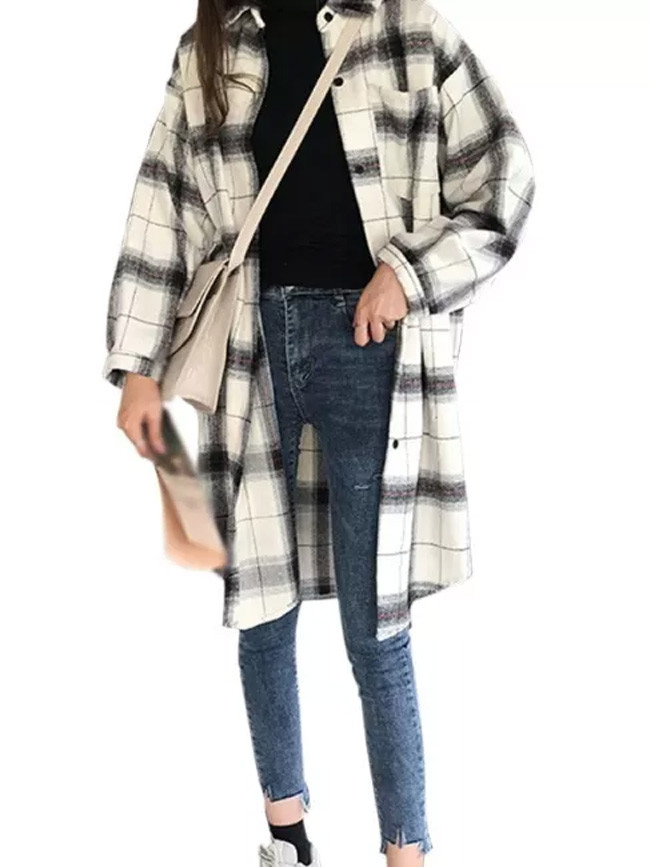 Plaid Shirts Cardigan Retro Casual Loose Long-Sleeved Single-breasted Blouses Tops