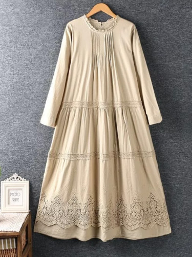 Openwork lace embroidery women  loose long sleeves dress