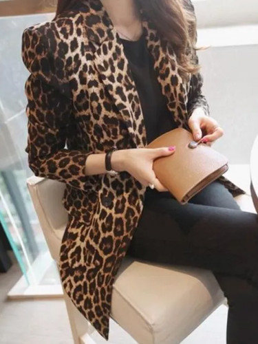 Women Leopard Long Sleeve Suit Coat