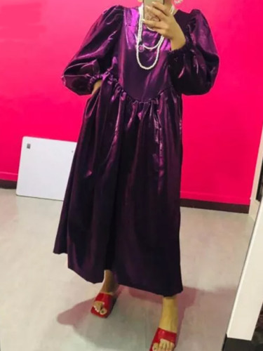 Women Purple Metal Color Long Dress New Round Neck Long Lantern Sleeve