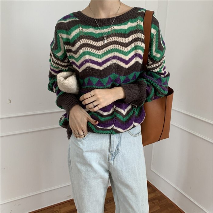 Women Sweaters Knitted Pullovers O-neck Striped  Loose Casual