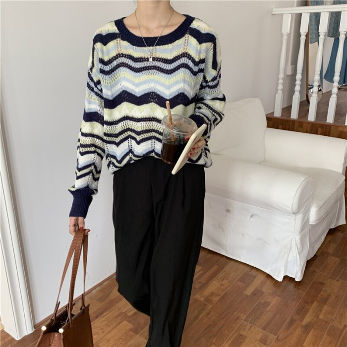Women Sweaters Knitted Pullovers O-neck Striped  Loose Casual