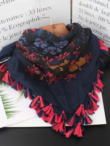 Women Autumn Spring Vintage Ethnic Tassels Print Scarves Muffler Cape