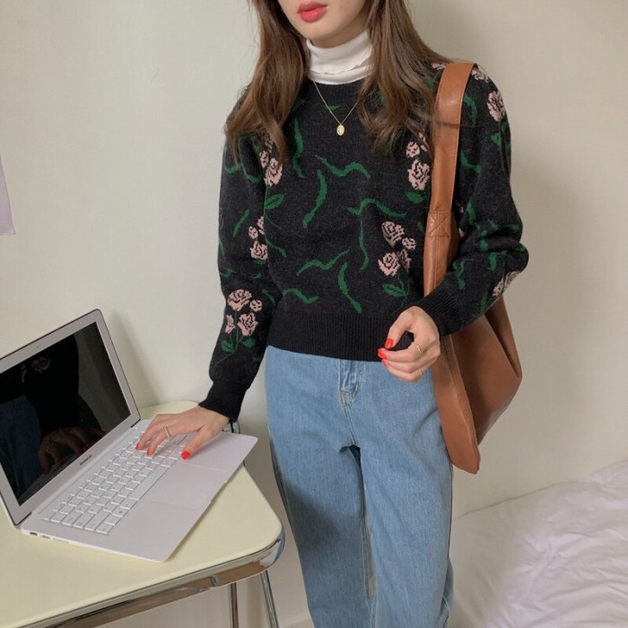 Knitted Warm Long Sleeves Floral Printing Casual Autumn Winter Sweaters