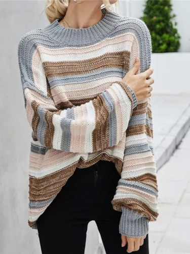 Women O Neck Stripe Sweater Knitwear Long Sleeve Home Casual Knitted Pullovers