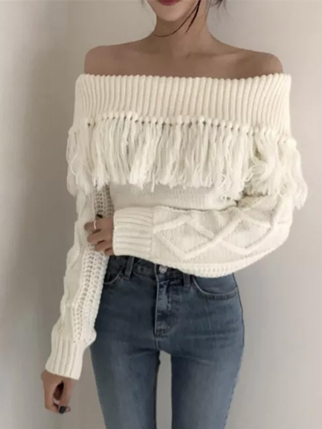 Retro Tassel Slender Chic Bare-Shoulders High Waist Women Knitted Sweaters
