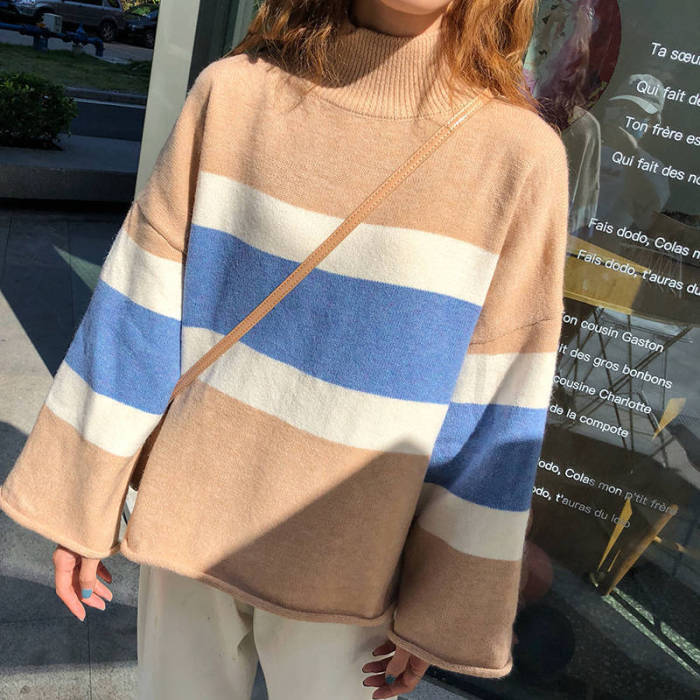High neck thick sweater women loose striped knitted blouse