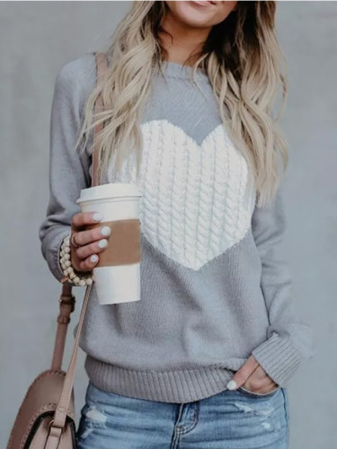 O-neck Knitted Sweaters Heart Cute Long Sleeve Pullover Knitting Sweater
