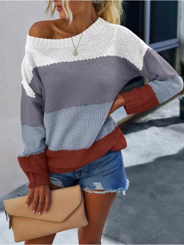 Women Fashion Loose Color Contrast Comfortable Long Sleeves Sweater Tops