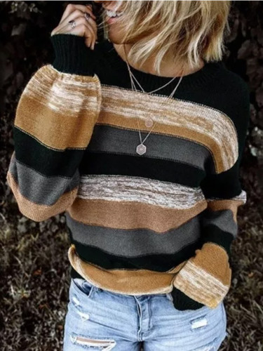 Striped Sweater O Neck Long Sleeve Loose Knit Pullover