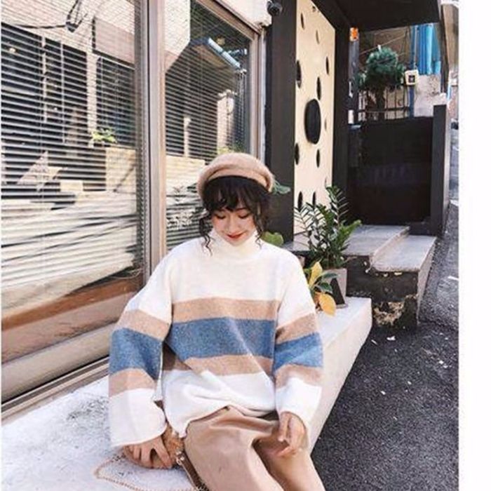 High neck thick sweater women loose striped knitted blouse