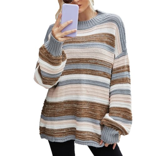 Women O Neck Stripe Sweater Knitwear Long Sleeve Home Casual Knitted Pullovers