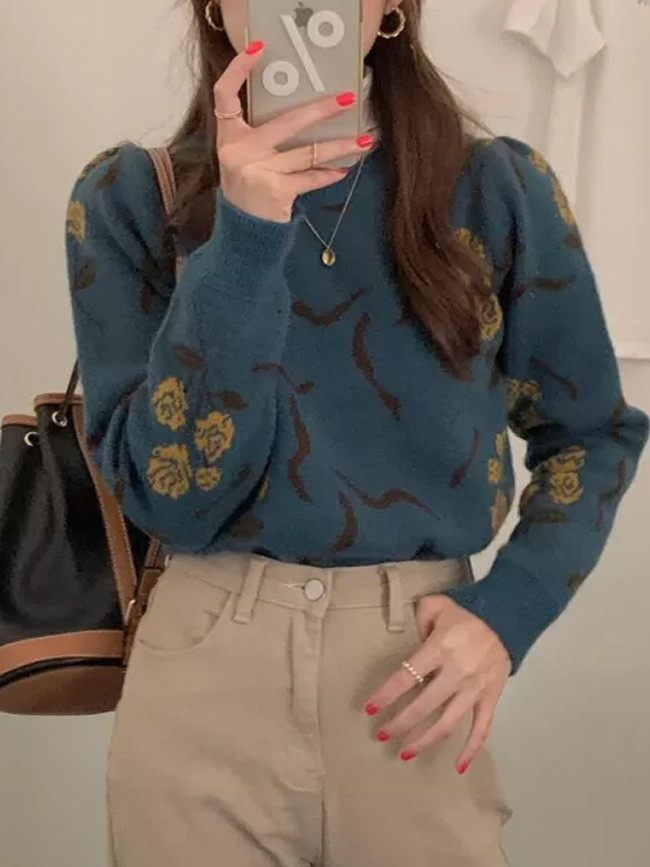 Knitted Warm Long Sleeves Floral Printing Casual Autumn Winter Sweaters