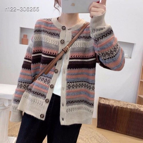 Cardigan Loose Retro Woven Jacquard Thick Warm Knitted Sweater Striped Buttons Jacket