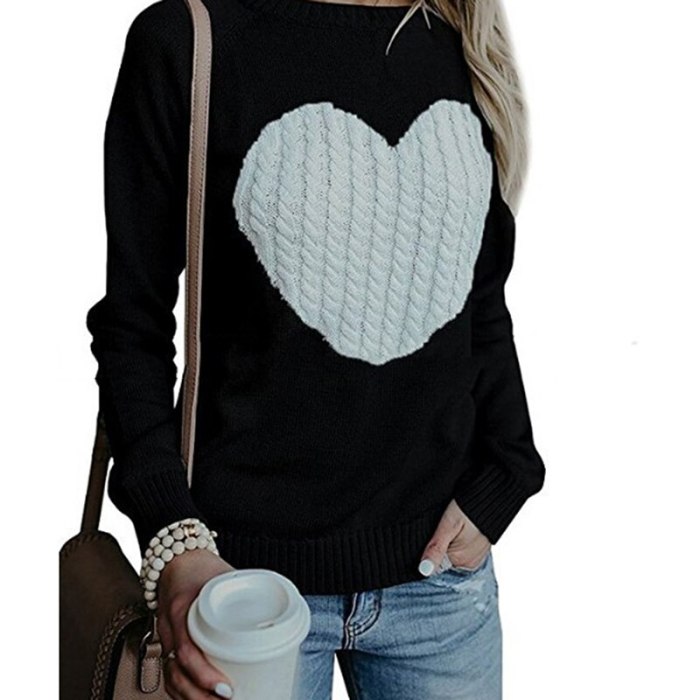Knitted Heart Cute Long Sleeve O-neck Pullover Knitwear