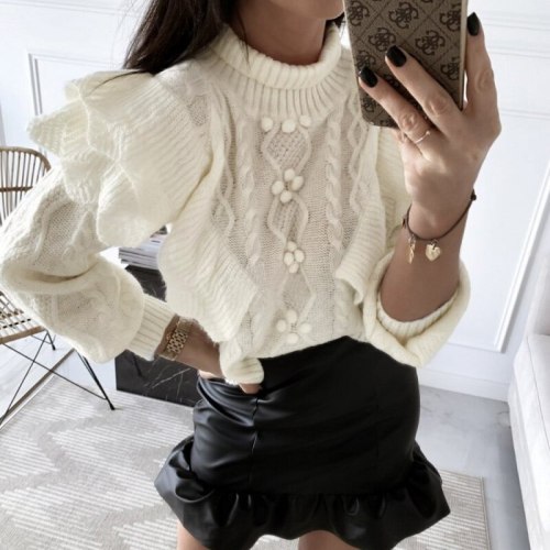 Retro Knitted Sweaters Ruffles Patchwork Long Sleeves Crocheted Pullover