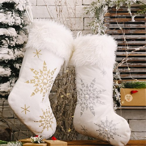 Christmas Snowflakes Pearl Stockings White Plush Candy Socks Gift Bags Christmas Tree Fireplace Decoration