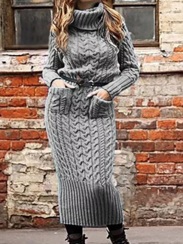 Turtleneck Long Sleeve Pullover Sweater Dress Warm Knitted Casual Loose Dresses