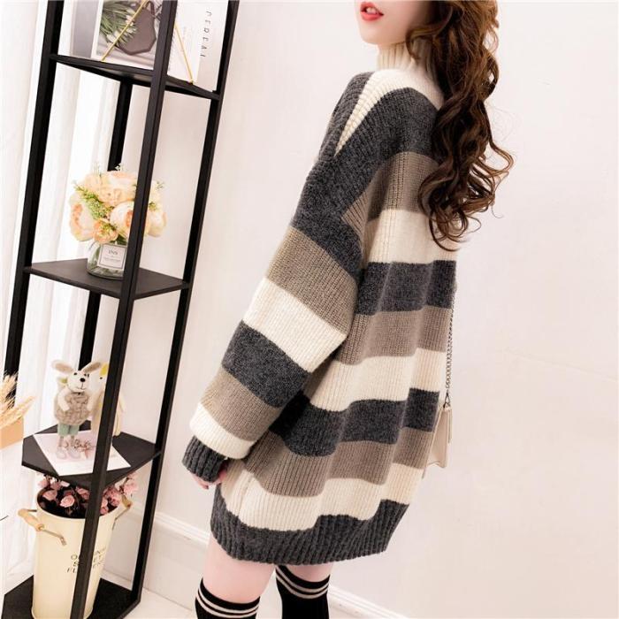 Long Sleeve Autumn Winter Sweater Dress Women Turtleneck Stripe Casual Knit