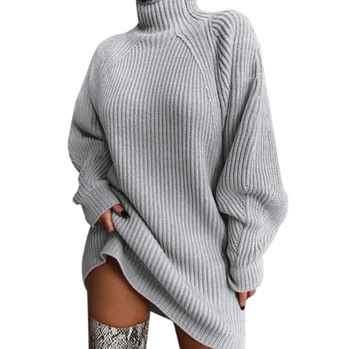 Women Turtleneck Knitted Sweater Dress Autumn Winter Casual Loose