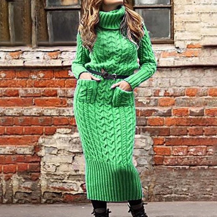 Turtleneck Long Sleeve Pullover Sweater Dress Warm Knitted Casual Loose Dresses