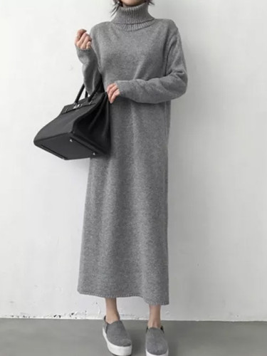 Warm Turtleneck Thick Knitting Winter Black Sweater Dress