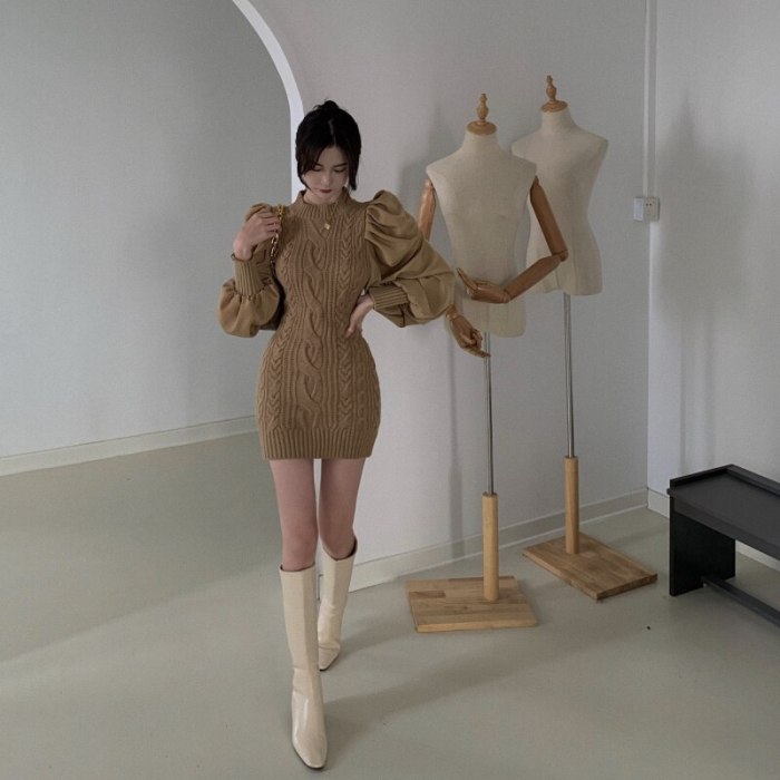 Sweater Dress Fall Winter New Ruched Puff Sleeve Knitted Sheath