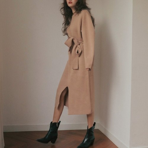 Spring New Women Solid Long Sleeve Bow Slit Thick Knit Dress