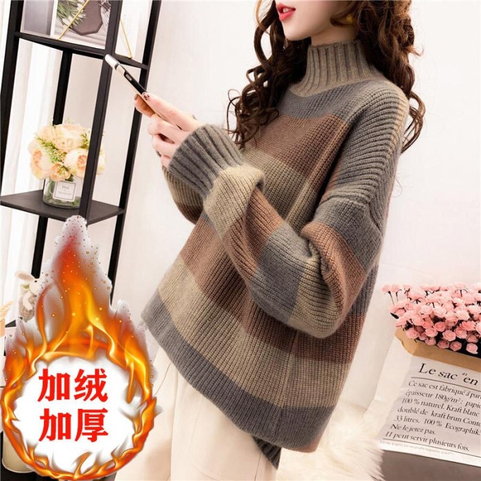 Long Sleeve Autumn Winter Sweater Dress Women Turtleneck Stripe Casual Knit