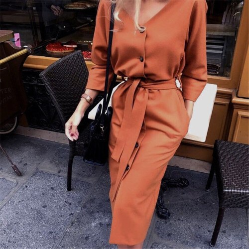 Women V-neck Knitted Long Sleeve Casual Solid warm Dress