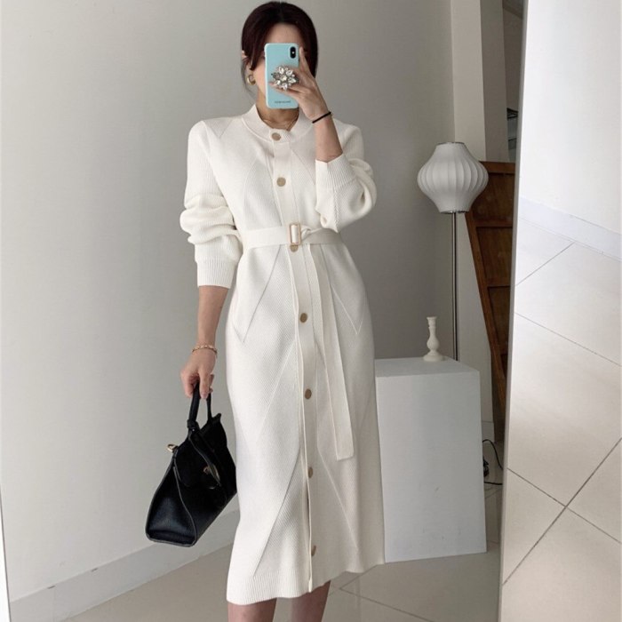 O-neck Single-breasted Sweater Dress Long Sleeve Belted Knitted Mid-length Dress