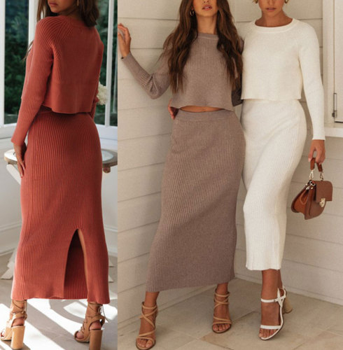 Two Piece Set Women Skirts Winter Suit Long Sleeve Crop Tops Knitted Skirt