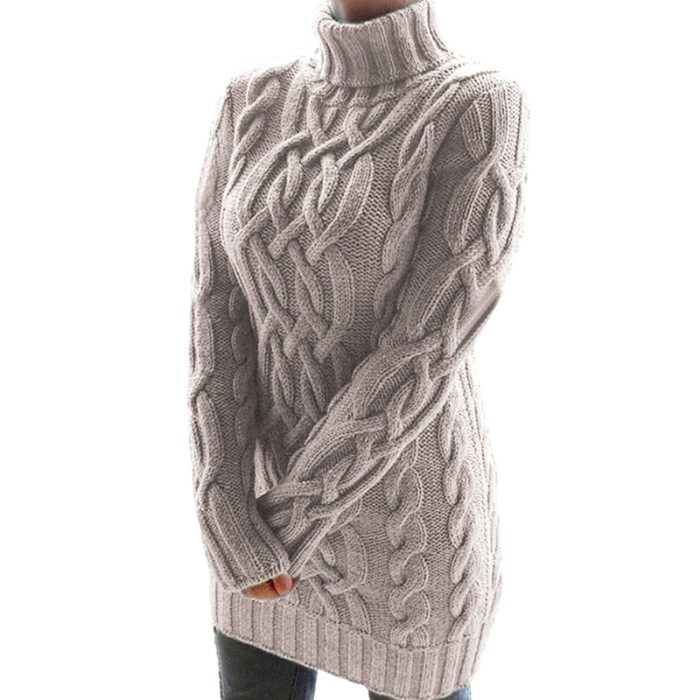 Women Turtleneck Knitted Sweater Dress Autumn Winter Casual Loose
