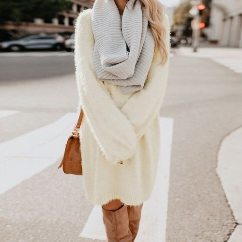 Casual Winter Thick Knit Turtleneck Warm Long Sleeve Pocket Pullovers Sweater Dress