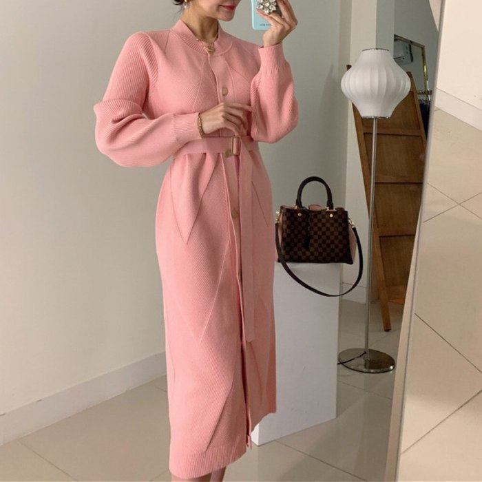 O-neck Single-breasted Sweater Dress Long Sleeve Belted Knitted Mid-length Dress