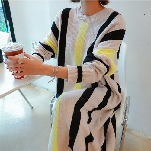 Autumn And Winter Women Loose Striped Casual Knit Dresses