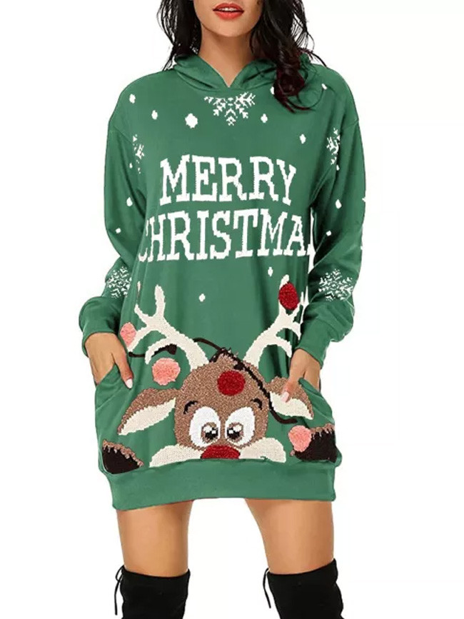 Lady Winter Fashion Casual Christmas Hoodie Sweater Dress