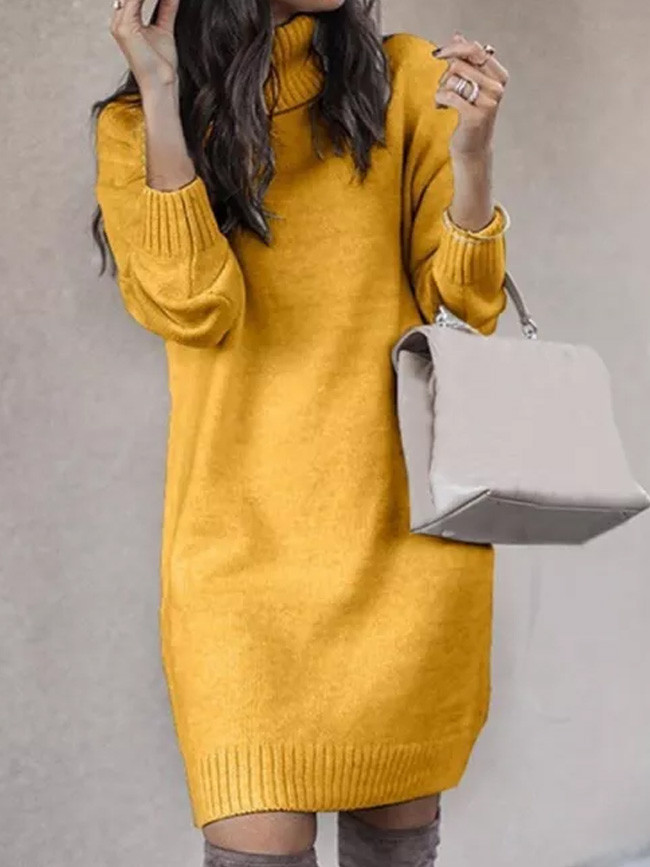 Turtleneck Long Sleeve Sweater Loose Tunic Knitted Pullovers Sweater Knit Dresses