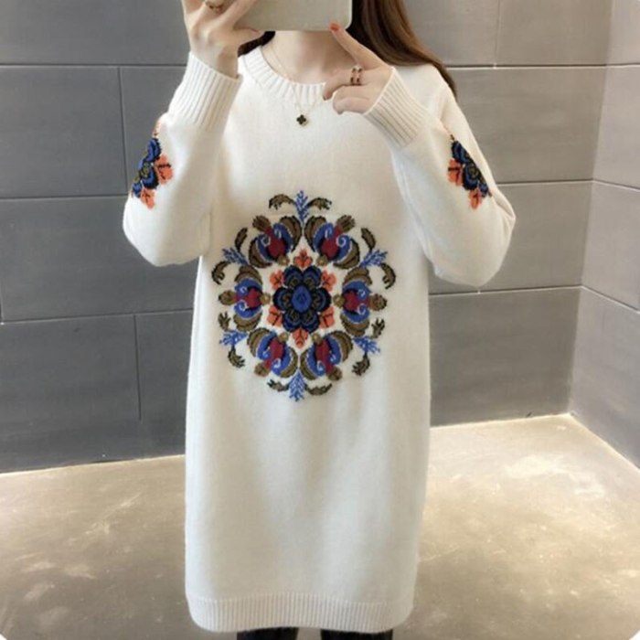 Winter Women Knitted Pullovers Sweater  Embroidery Long Sweater Dress