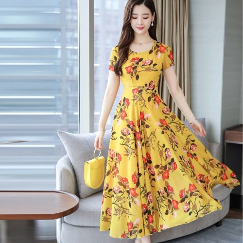New Chiffon Short Sleeve Floral Print Boho Slim Women Long Dress