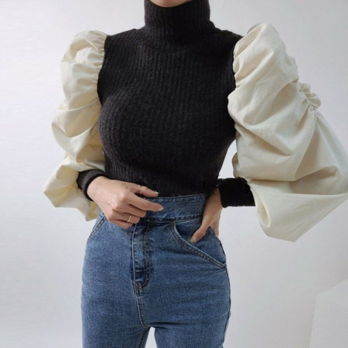 Design Fall Spring Ruched Puff Sleeve Knitted Patchwork Knitwear