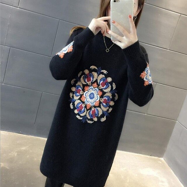 Winter Women Knitted Pullovers Sweater  Embroidery Long Sweater Dress
