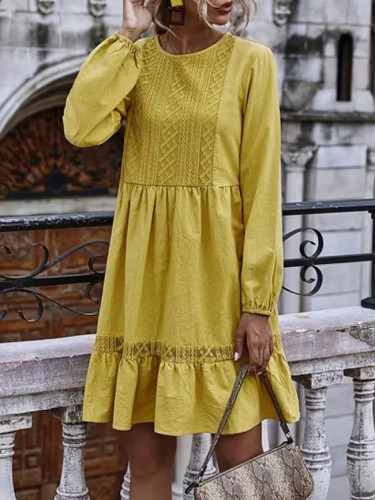 Autumn Winter Casual Lace Stitching Yellow Long Sleeve Loose Vintage Dresses