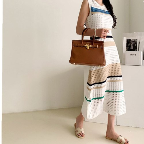 Chic Elegant knitting Hollow out knitted stretch Vintage Stripe Dresses