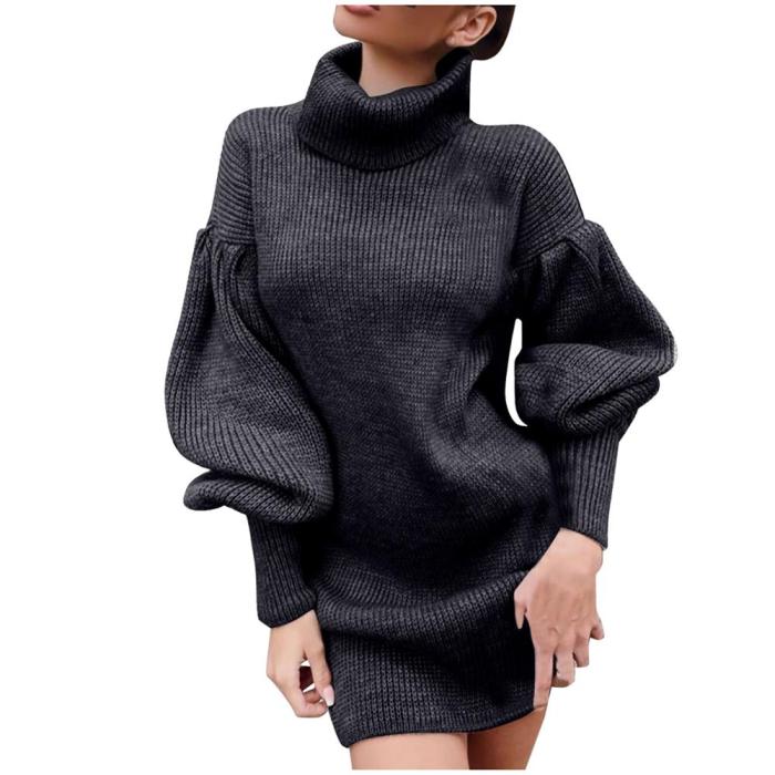 Knit Sweater Casual Lantern Sleeve Turtleneck Long Sleeves Sweater Dress