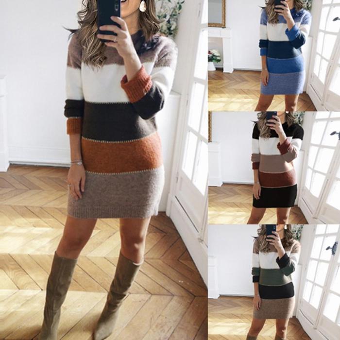 Women Knit Sweater Long Sleeve Package Hips Party Mini Dress