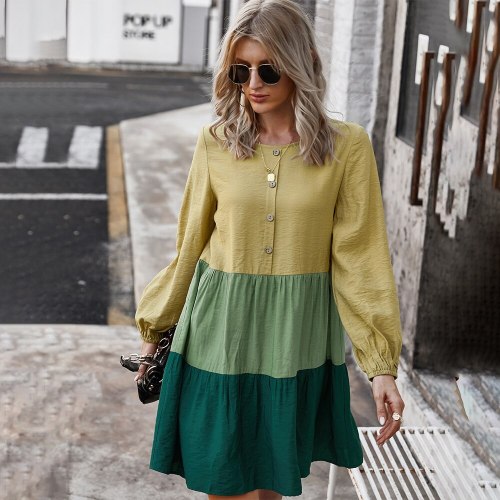 Autumn Spring Fashion Casual Ladies Patchwork Button Ruched Loose Dresses